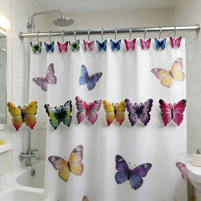Alt view image 3 of 7 - Colourful Butterfly Curtain Rings Pack of 12, Two Fish Home Fashions Set of 12 Decorative Colourful Butterfly Shower Curtain Hooks