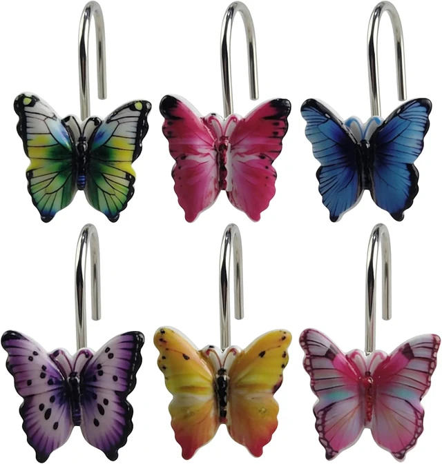 Alt view image 4 of 7 - Colourful Butterfly Curtain Rings Pack of 12, Two Fish Home Fashions Set of 12 Decorative Colourful Butterfly Shower Curtain Hooks