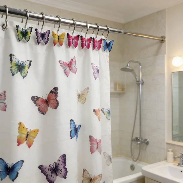 Alt view image 5 of 7 - Colourful Butterfly Curtain Rings Pack of 12, Two Fish Home Fashions Set of 12 Decorative Colourful Butterfly Shower Curtain Hooks