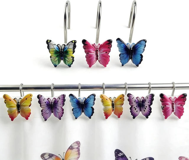 Alt view image 6 of 7 - Colourful Butterfly Curtain Rings Pack of 12, Two Fish Home Fashions Set of 12 Decorative Colourful Butterfly Shower Curtain Hooks