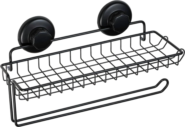 Main image of HASKO Suction Cup Paper Towel Holder with Shelf and Hooks - Wall Mount Metal Organizer for Bathroom & Kitchen - SUS 304 Stainless Steel Tissue Roll Hanger - Black