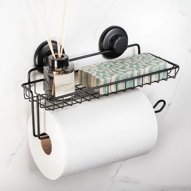 Alt view image 2 of 6 - HASKO Suction Cup Paper Towel Holder with Shelf and Hooks - Wall Mount Metal Organizer for Bathroom & Kitchen - SUS 304 Stainless Steel Tissue Roll Hanger - Black