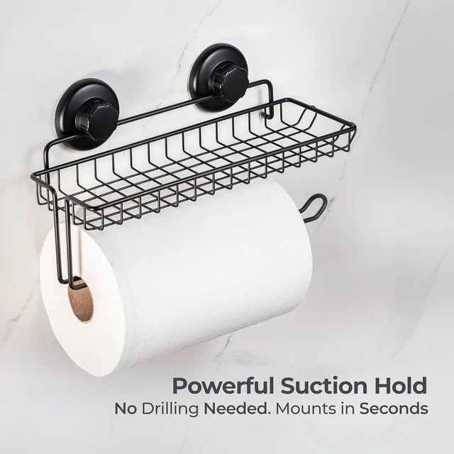Alt view image 3 of 6 - HASKO Suction Cup Paper Towel Holder with Shelf and Hooks - Wall Mount Metal Organizer for Bathroom & Kitchen - SUS 304 Stainless Steel Tissue Roll Hanger - Black