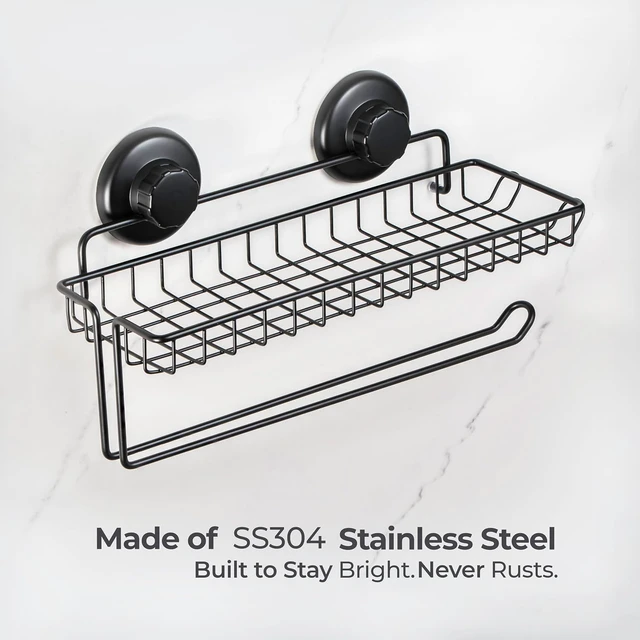 Alt view image 4 of 6 - HASKO Suction Cup Paper Towel Holder with Shelf and Hooks - Wall Mount Metal Organizer for Bathroom & Kitchen - SUS 304 Stainless Steel Tissue Roll Hanger - Black