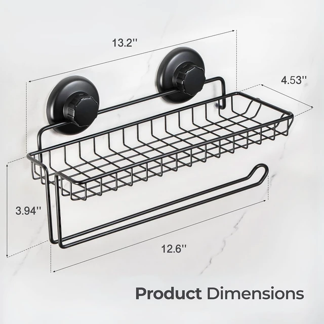 Alt view image 5 of 6 - HASKO Suction Cup Paper Towel Holder with Shelf and Hooks - Wall Mount Metal Organizer for Bathroom & Kitchen - SUS 304 Stainless Steel Tissue Roll Hanger - Black