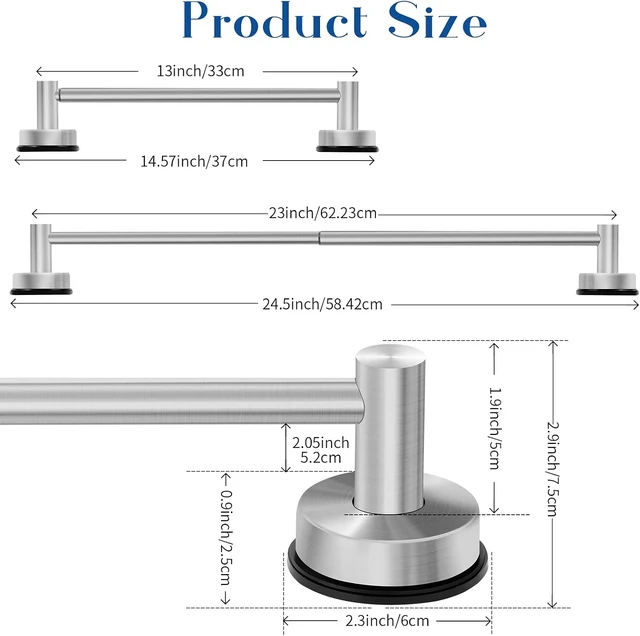 Alt view image 2 of 7 - 14.6-24 Inch No Drill Suction Towel Bar Nickel, Suction Cup Towel Bar