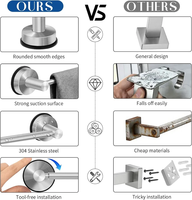 Alt view image 6 of 7 - 14.6-24 Inch No Drill Suction Towel Bar Nickel, Suction Cup Towel Bar