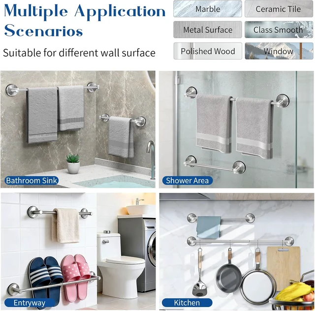 Alt view image 7 of 7 - 14.6-24 Inch No Drill Suction Towel Bar Nickel, Suction Cup Towel Bar
