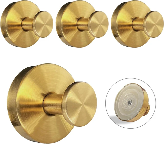Main image of Towel Holder, Mirror Hook Hanging Robe, Glass Door, Tile Bathroom Kitchen Wall, Removable Hanger, No Drill, Strong Suction, Gold - Stainless Steel, Suction Cup Hooks for Shower - 4 Pack
