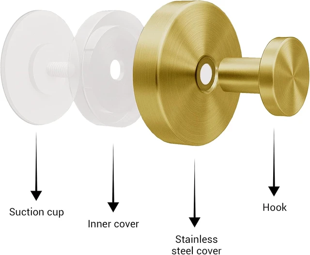 Alt view image 2 of 7 - Towel Holder, Mirror Hook Hanging Robe, Glass Door, Tile Bathroom Kitchen Wall, Removable Hanger, No Drill, Strong Suction, Gold - Stainless Steel, Suction Cup Hooks for Shower - 4 Pack