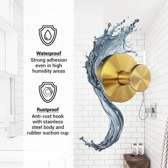 Alt view image 4 of 7 - Towel Holder, Mirror Hook Hanging Robe, Glass Door, Tile Bathroom Kitchen Wall, Removable Hanger, No Drill, Strong Suction, Gold - Stainless Steel, Suction Cup Hooks for Shower - 4 Pack