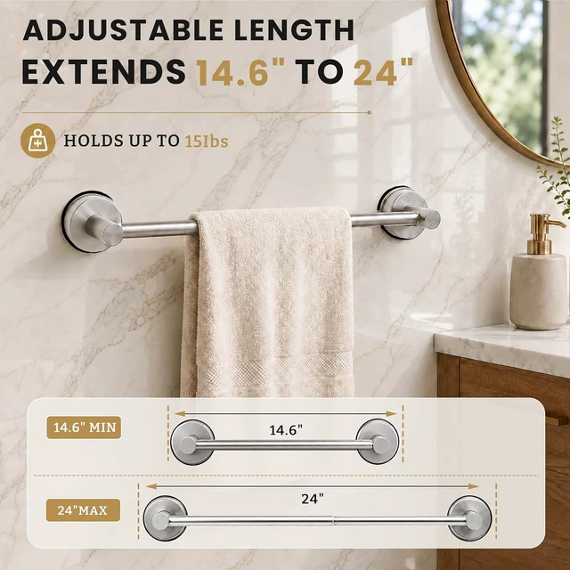 Alt view image 2 of 7 - Adjustable Suction Towel Bar Silver, PawluxeNINE Suction Cup Towel Bar