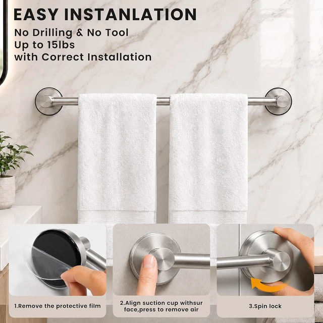 Alt view image 3 of 7 - Adjustable Suction Towel Bar Silver, PawluxeNINE Suction Cup Towel Bar