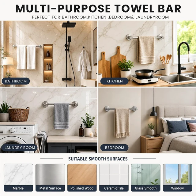 Alt view image 6 of 7 - Adjustable Suction Towel Bar Silver, PawluxeNINE Suction Cup Towel Bar