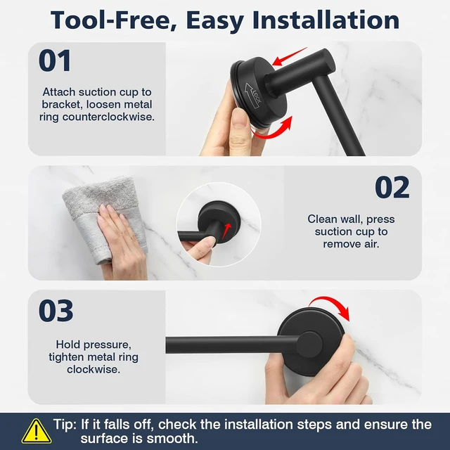 Alt view image 6 of 7 - Black, Towel Rack 14-24 inch, Suction Cup Towel Bar No-Drill