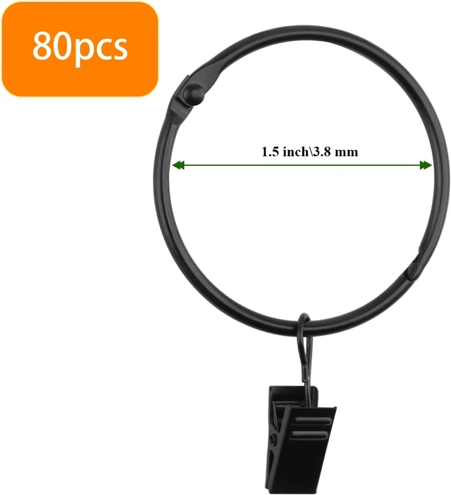 Alt view image 2 of 7 - Bathroom, Living Room, Rustproof Curtain Ring Hooks for Bedroom, 38mm Openable Metal Drapery Rod Rings with Hooks, 80 Pcs 1.5 Inch Black Curtain Rings with Clips