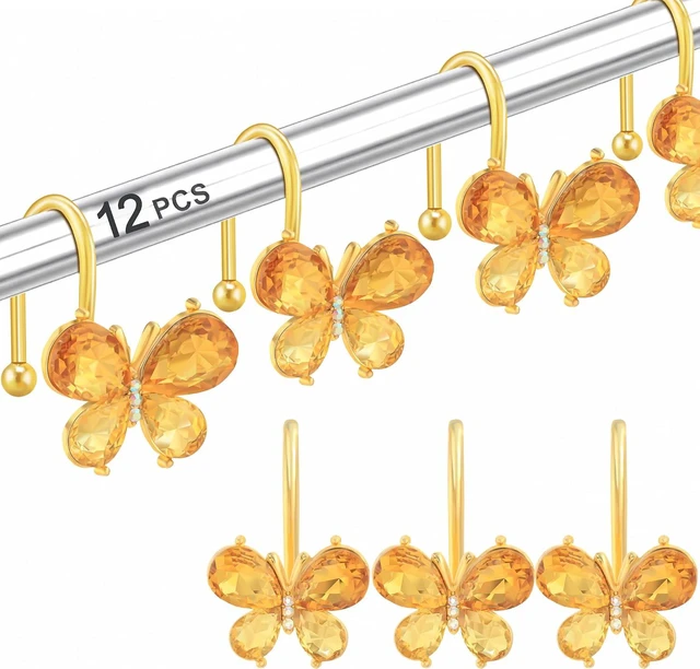 Main image of Towels (Gold), Clothing, 12Pcs Rust Resistant Glitter Crystal Butterfly Metal Decorative Shower Rings Hangers for Bathroom Curtains, Shower Curtain Hooks
