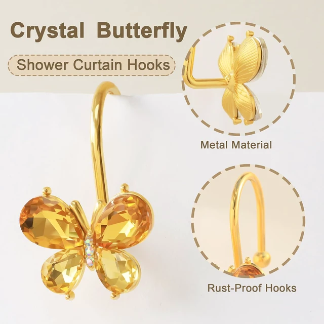 Alt view image 2 of 7 - Towels (Gold), Clothing, 12Pcs Rust Resistant Glitter Crystal Butterfly Metal Decorative Shower Rings Hangers for Bathroom Curtains, Shower Curtain Hooks