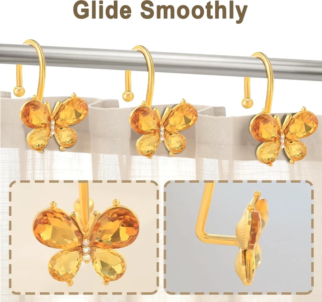 Alt view image 3 of 7 - Towels (Gold), Clothing, 12Pcs Rust Resistant Glitter Crystal Butterfly Metal Decorative Shower Rings Hangers for Bathroom Curtains, Shower Curtain Hooks