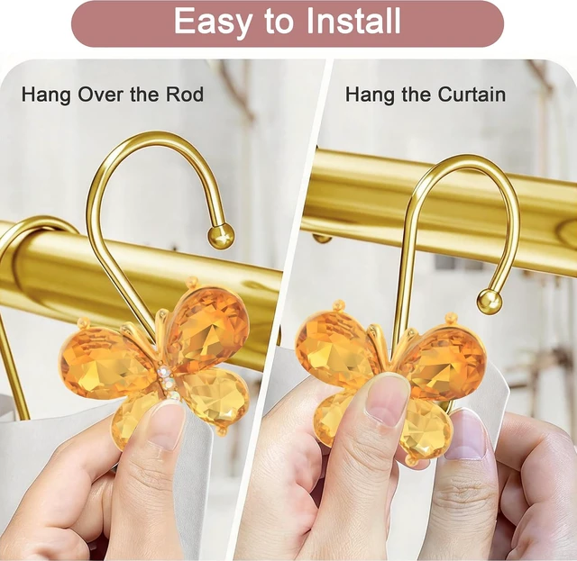 Alt view image 4 of 7 - Towels (Gold), Clothing, 12Pcs Rust Resistant Glitter Crystal Butterfly Metal Decorative Shower Rings Hangers for Bathroom Curtains, Shower Curtain Hooks