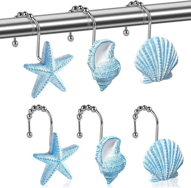 Main image of Home Decor (Seashell), Living Room, Kitchen, Plant Hanger, 12 PCS Beach Theme Shower Hooks for Bathroom, Rustproof Waterproof Seashell Shower Curtain Rings, Decorative Shower Curtain Hooks