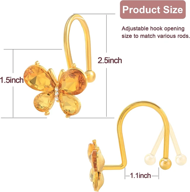 Alt view image 7 of 7 - Towels (Gold), Clothing, 12Pcs Rust Resistant Glitter Crystal Butterfly Metal Decorative Shower Rings Hangers for Bathroom Curtains, Shower Curtain Hooks