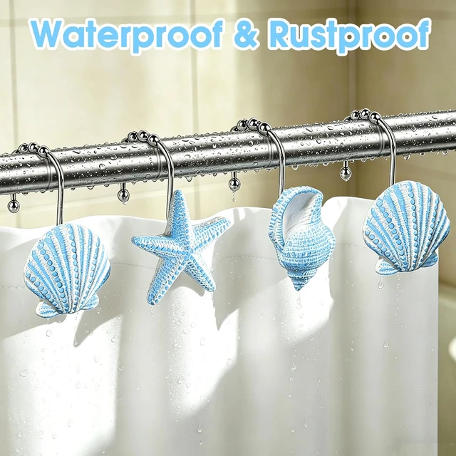 Alt view image 4 of 7 - Home Decor (Seashell), Living Room, Kitchen, Plant Hanger, 12 PCS Beach Theme Shower Hooks for Bathroom, Rustproof Waterproof Seashell Shower Curtain Rings, Decorative Shower Curtain Hooks