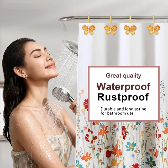 Alt view image 5 of 7 - Towels (Gold), Clothing, 12Pcs Rust Resistant Glitter Crystal Butterfly Metal Decorative Shower Rings Hangers for Bathroom Curtains, Shower Curtain Hooks
