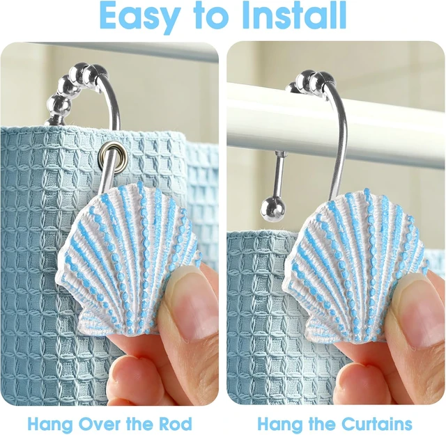 Alt view image 5 of 7 - Home Decor (Seashell), Living Room, Kitchen, Plant Hanger, 12 PCS Beach Theme Shower Hooks for Bathroom, Rustproof Waterproof Seashell Shower Curtain Rings, Decorative Shower Curtain Hooks