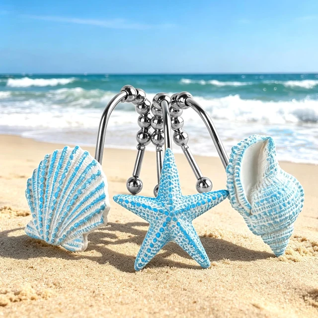 Alt view image 6 of 7 - Home Decor (Seashell), Living Room, Kitchen, Plant Hanger, 12 PCS Beach Theme Shower Hooks for Bathroom, Rustproof Waterproof Seashell Shower Curtain Rings, Decorative Shower Curtain Hooks