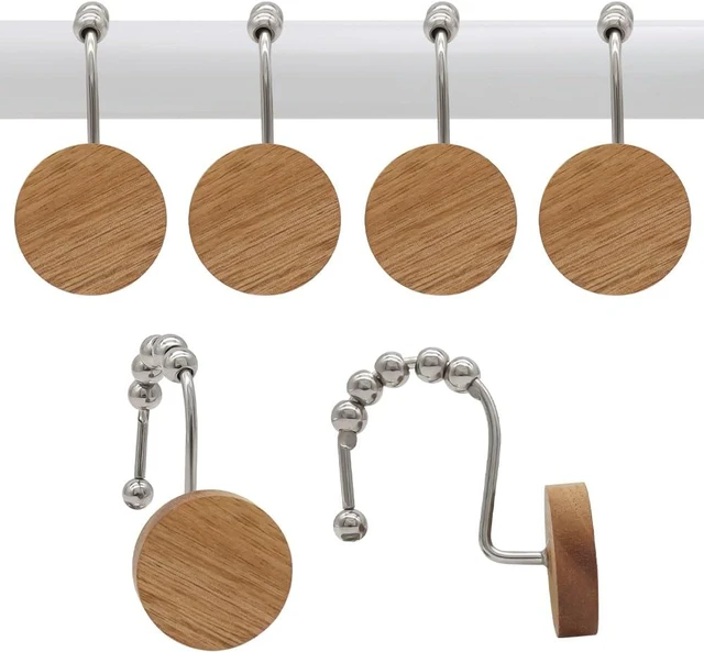 Main image of Living Room (Silvery), Bedroom, Bathroom, 12PCS Shower Hooks for Shower Curtain Rod, Modern Round Log Shower Curtain Hangers, Wooden Decorative Shower Curtain Rings, Wood Shower Curtain Hooks