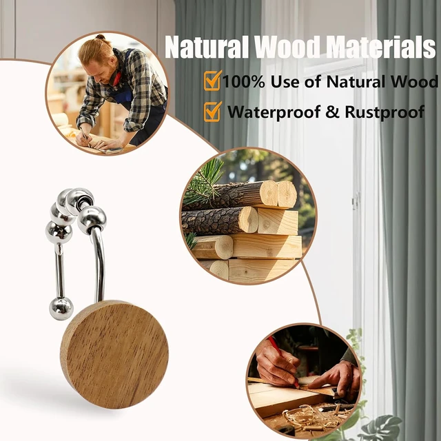 Alt view image 6 of 7 - Living Room (Silvery), Bedroom, Bathroom, 12PCS Shower Hooks for Shower Curtain Rod, Modern Round Log Shower Curtain Hangers, Wooden Decorative Shower Curtain Rings, Wood Shower Curtain Hooks
