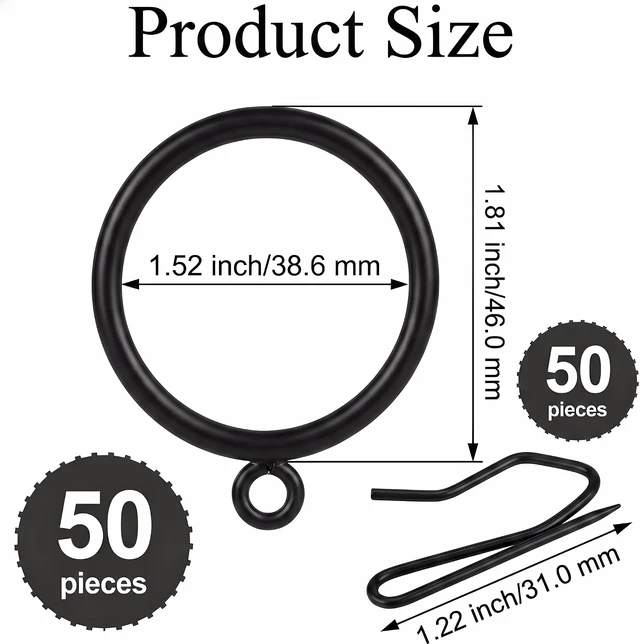 Alt view image 2 of 7 - Black, 50 Pcs Curtain Rings and Hooks 1.52 Inch - Stainless Steel Shower Curtain Rings and Hooks with Eyelets for Curtains Rods and Bathroom Shower Rods