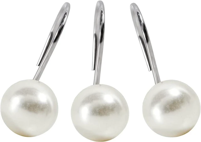 Main image of Ivory Artifical Pearl and Rustproof Metal Unique Cute Shower Hooks for Country Farmhouse Shabby Chic Shower Curtain Bathroom Decor, Elegant Pearl Decorative Shower Curtain Hooks Rings 12PCS