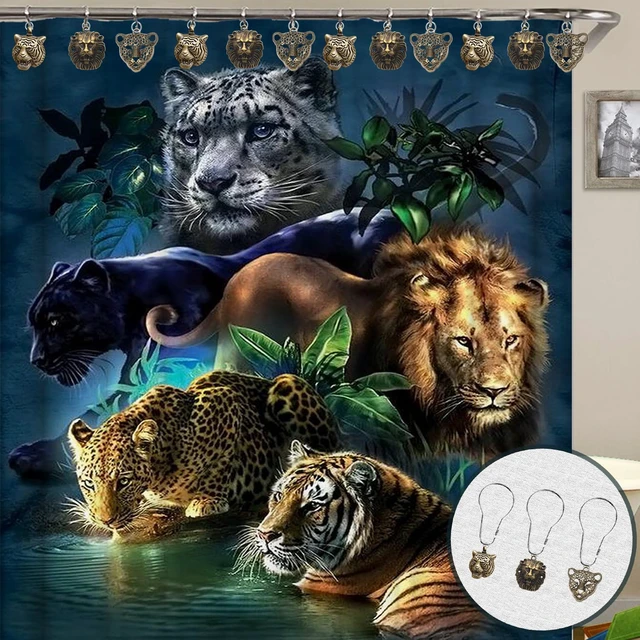 Alt view image 3 of 7 - for Wild Beasts in The Forest Theme Home Bathroom Decor, Rust Proof Stainless Steel Shower Curtain Rings, 12 Pcs Lion Shower Tiger Leopard Shower Curtain Hooks, Animal Shower Curtain