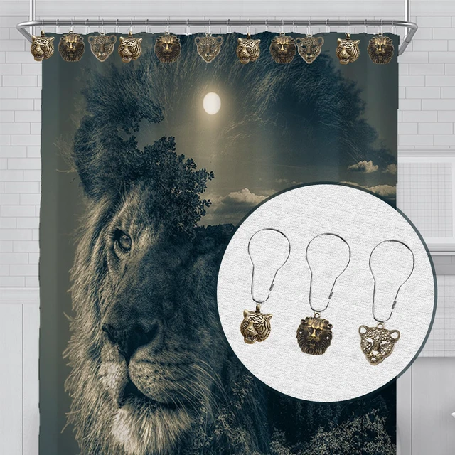 Alt view image 4 of 7 - for Wild Beasts in The Forest Theme Home Bathroom Decor, Rust Proof Stainless Steel Shower Curtain Rings, 12 Pcs Lion Shower Tiger Leopard Shower Curtain Hooks, Animal Shower Curtain