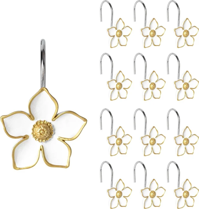 Main image of Set of 12, White with Gold Edges Floral Shower Curtain Hanger Hooks for Living Room, Resin, Home Decorative Shower Curtain Rings for Bathroom, Flower Shower Curtain Hooks