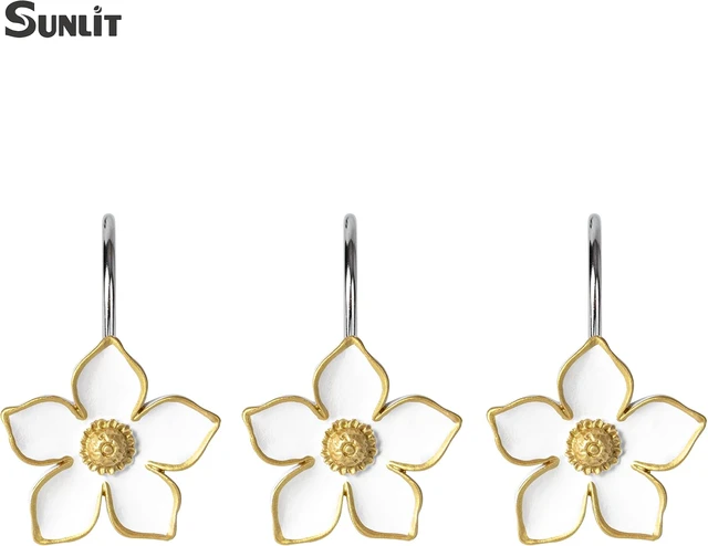 Alt view image 3 of 7 - Set of 12, White with Gold Edges Floral Shower Curtain Hanger Hooks for Living Room, Resin, Home Decorative Shower Curtain Rings for Bathroom, Flower Shower Curtain Hooks