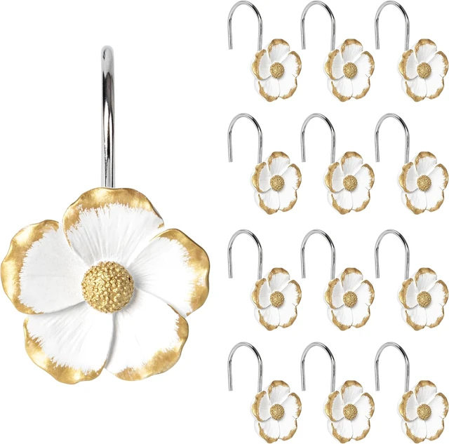 Alt view image 2 of 7 - Set of 12, White with Gold Edges Floral Shower Curtain Hanger Hooks for Living Room, Resin, Home Decorative Shower Curtain Rings for Bathroom, Flower Shower Curtain Hooks