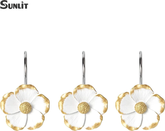 Alt view image 4 of 7 - Set of 12, White with Gold Edges Floral Shower Curtain Hanger Hooks for Living Room, Resin, Home Decorative Shower Curtain Rings for Bathroom, Flower Shower Curtain Hooks