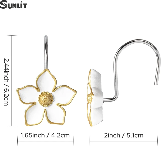 Alt view image 5 of 7 - Set of 12, White with Gold Edges Floral Shower Curtain Hanger Hooks for Living Room, Resin, Home Decorative Shower Curtain Rings for Bathroom, Flower Shower Curtain Hooks
