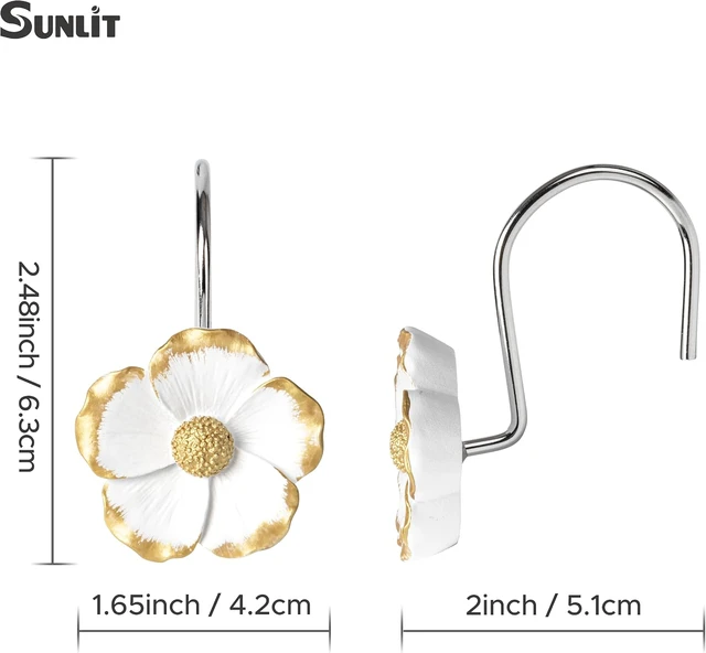 Alt view image 6 of 7 - Set of 12, White with Gold Edges Floral Shower Curtain Hanger Hooks for Living Room, Resin, Home Decorative Shower Curtain Rings for Bathroom, Flower Shower Curtain Hooks