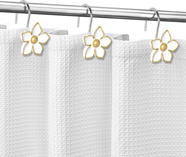 Alt view image 7 of 7 - Set of 12, White with Gold Edges Floral Shower Curtain Hanger Hooks for Living Room, Resin, Home Decorative Shower Curtain Rings for Bathroom, Flower Shower Curtain Hooks