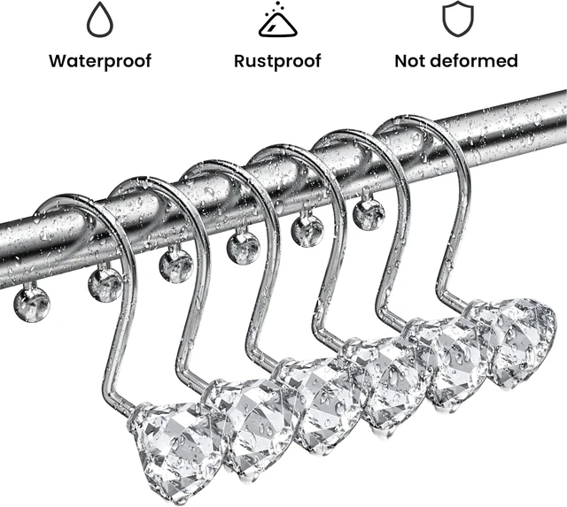 Alt view image 5 of 7 - Clear, Rust Proof Diamond Shaped Crystal Decorative for Shower Curtains and Rods, 12PCS Shower Curtain Hooks Rings for Bathroom