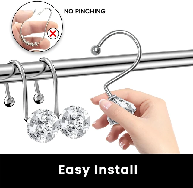 Alt view image 6 of 7 - Clear, Rust Proof Diamond Shaped Crystal Decorative for Shower Curtains and Rods, 12PCS Shower Curtain Hooks Rings for Bathroom