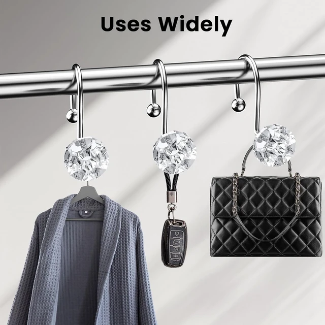 Alt view image 7 of 7 - Clear, Rust Proof Diamond Shaped Crystal Decorative for Shower Curtains and Rods, 12PCS Shower Curtain Hooks Rings for Bathroom