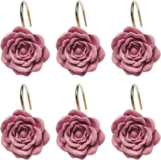 Alt view image 2 of 5 - Pink Rose Shower Curtain Hooks Set of 12 Pink Rose Flower Shower Rings Pack of 12