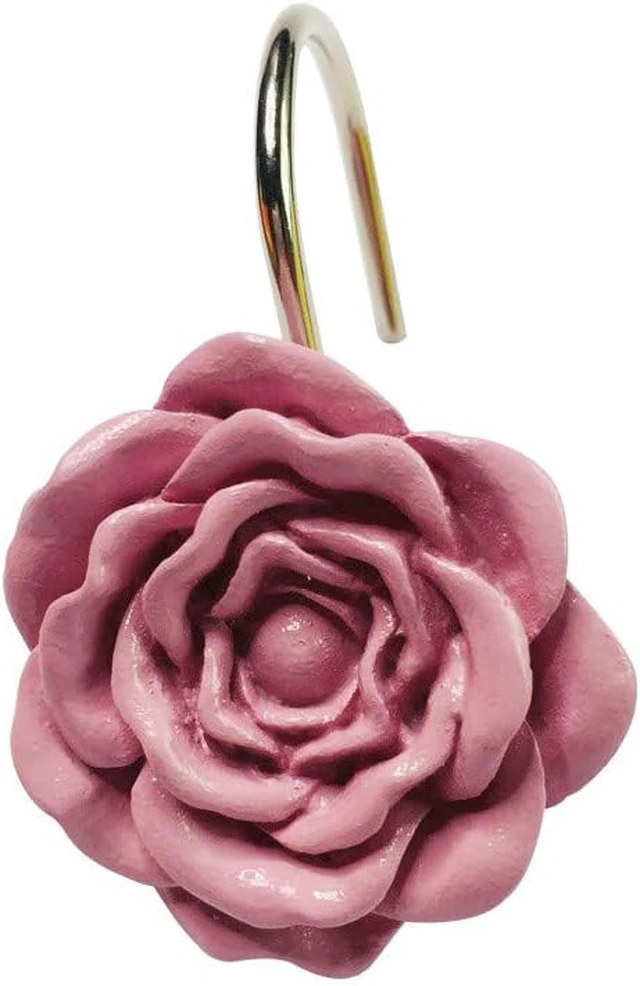 Alt view image 3 of 5 - Pink Rose Shower Curtain Hooks Set of 12 Pink Rose Flower Shower Rings Pack of 12