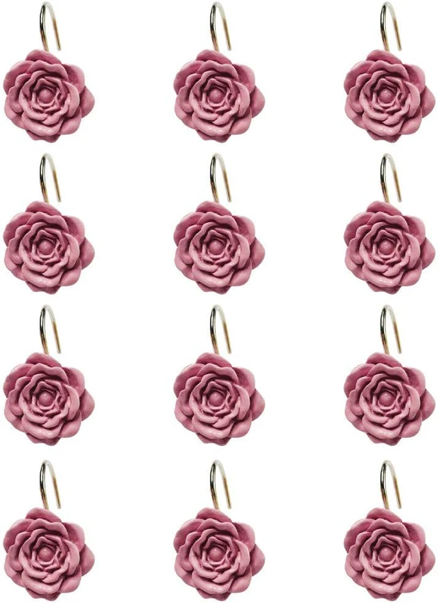 Alt view image 4 of 5 - Pink Rose Shower Curtain Hooks Set of 12 Pink Rose Flower Shower Rings Pack of 12