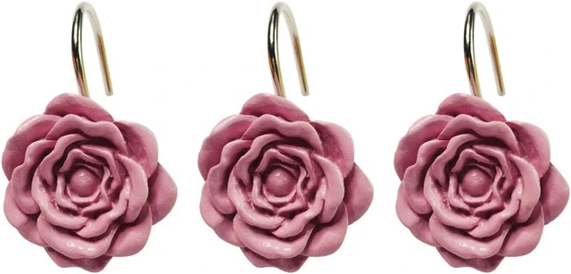 Alt view image 5 of 5 - Pink Rose Shower Curtain Hooks Set of 12 Pink Rose Flower Shower Rings Pack of 12